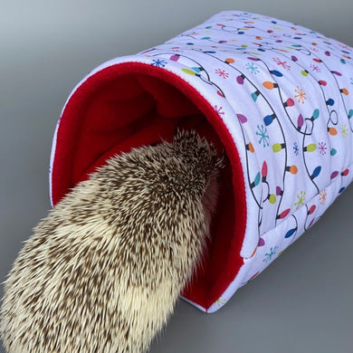 Festive lights cosy snuggle cave. Padded stay open snuggle sack. Hedgehog bed.