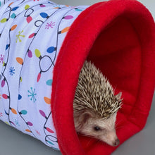 Load image into Gallery viewer, Festive lights stay open tunnel. Padded tunnel for hedgehogs and small pets.