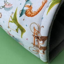 Load image into Gallery viewer, LARGE off to the races guinea pig cosy snuggle cave. Padded stay open snuggle sack.