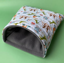 Load image into Gallery viewer, LARGE off to the races guinea pig cosy snuggle cave. Padded stay open snuggle sack.