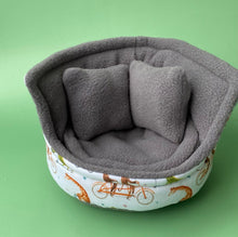 Load image into Gallery viewer, Off to the races cuddle cup. Pet sofa. Hedgehog bed. Small pet beds. Fleece sofa bed.