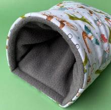 Load image into Gallery viewer, Off to the races cosy snuggle cave. Padded stay open snuggle sack. Hedgehog bed.