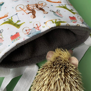 Off to the races padded bonding bag, carry bag for hedgehog. Fleece lined pet tote.