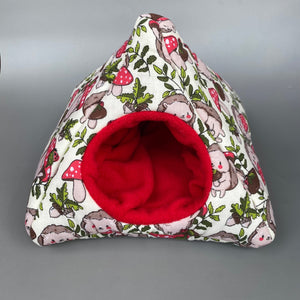 Cream Hedgehogs with Mushroom Hats tent house. Hedgehog and small animal house. Padded fleece lined house.