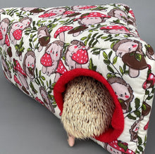 Load image into Gallery viewer, Cream Hedgehogs with Mushroom Hats corner house. Hedgehog and small pet house. Padded fleece lined house.