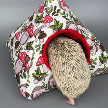 Load image into Gallery viewer, Cream Hedgehogs with Mushroom Hats tent house. Hedgehog and small animal house. Padded fleece lined house.