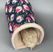 Load image into Gallery viewer, Hedgehogs with Mushroom Hats bunker. Hedgehog and guinea pig fleece lined bed.