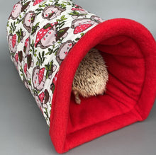 Load image into Gallery viewer, Cream Hedgehogs with Mushroom Hats bunker. Hedgehog and guinea pig bed. Padded fleece lined house.