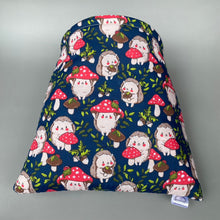 Load image into Gallery viewer, LARGE Hedgehogs with Mushroom Hats cosy snuggle cave. Padded stay open snuggle cave.