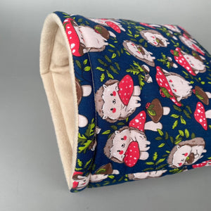 LARGE Hedgehogs with Mushroom Hats cosy snuggle cave. Padded stay open snuggle cave.