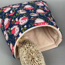 Load image into Gallery viewer, LARGE Hedgehogs with Mushroom Hats cosy snuggle cave. Padded stay open snuggle cave.