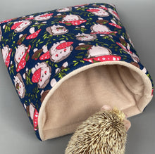 Load image into Gallery viewer, LARGE Hedgehogs with Mushroom Hats cosy snuggle cave. Padded stay open snuggle cave.