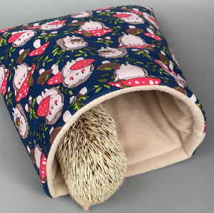 LARGE Hedgehogs with Mushroom Hats cosy snuggle cave. Padded stay open snuggle cave.