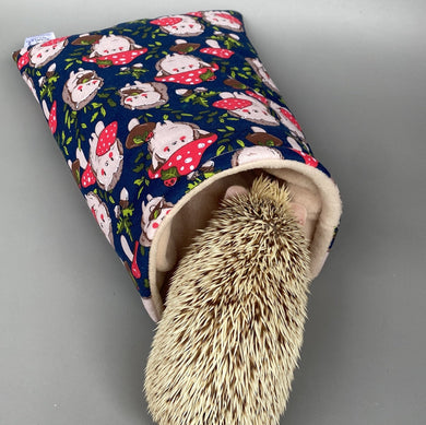Hedgehogs with Mushroom Hats cosy snuggle cave. Padded stay open snuggle sack.