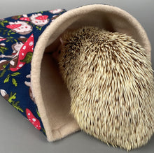 Load image into Gallery viewer, Hedgehogs with Mushroom Hats snuggle sack or snuggle pouch. Fleece lined sleeping bag.
