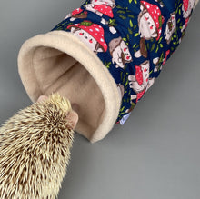 Load image into Gallery viewer, Hedgehogs with Mushroom Hats stay open tunnel. Padded fleece tunnel. Small pet tunnel.