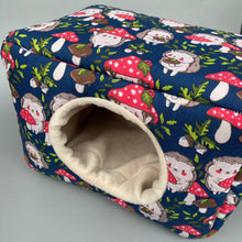 Load image into Gallery viewer, LARGE Hedgehogs with Mushroom Hats cosy bed. Cosy cube. Cuddle house.