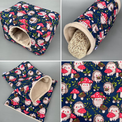 LARGE Hedgehogs with Mushroom Hats full cage set. Large cosy house, snuggle sack, tunnel set for hedgehog or guinea pigs.