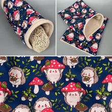 Load image into Gallery viewer, Hedgehogs with Mushroom Hats mini set. Tunnel, snuggle sack and toys. Fleece bedding.