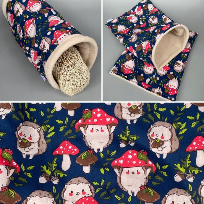 Hedgehogs with Mushroom Hats mini set. Tunnel, snuggle sack and toys. Fleece bedding.