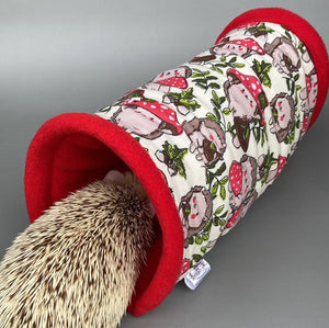 Cream Hedgehogs with Mushroom Hats stay open tunnel. Padded fleece tunnel. Tube for hedgehogs, rats and small pets. Small pet cosy tunnel.