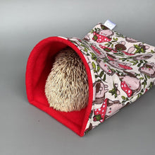 Load image into Gallery viewer, Cream Hedgehogs with Mushroom Hats snuggle sack or snuggle pouch. Fleece lined sleeping bag for hedgehogs, guinea pigs and small animals