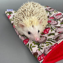 Load image into Gallery viewer, Cream Hedgehogs with Mushroom Hats snuggle sack or snuggle pouch. Fleece lined sleeping bag for hedgehogs, guinea pigs and small animals