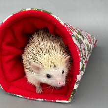 Load image into Gallery viewer, Cream Hedgehogs with Mushroom Hats cosy snuggle cave. Padded stay open snuggle sack. Hedgehog bed. Fleece pet bedding.