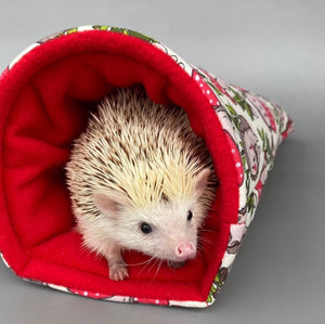 Cream Hedgehogs with Mushroom Hats cosy snuggle cave. Padded stay open snuggle sack. Hedgehog bed. Fleece pet bedding.