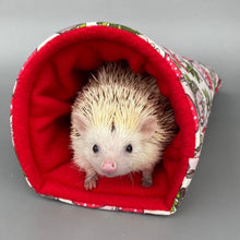 Load image into Gallery viewer, Cream Hedgehogs with Mushroom Hats cosy snuggle cave. Padded stay open snuggle sack. Hedgehog bed. Fleece pet bedding.