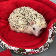Load image into Gallery viewer, Cream Hedgehogs with Mushroom Hats cuddle cup. Pet sofa. Hedgehog and small guinea pig bed. Small pet beds. Fleece sofa bed.