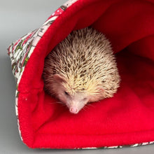 Load image into Gallery viewer, LARGE Cream Hedgehogs with Mushroom Hats cosy snuggle cave. Padded stay open snuggle sack. Fleece pet bed. Stay open padded cave.