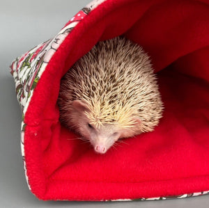 LARGE Cream Hedgehogs with Mushroom Hats cosy snuggle cave. Padded stay open snuggle sack. Fleece pet bed. Stay open padded cave.