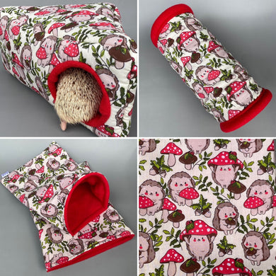 Cream Hedgehogs with Mushroom Hats full cage set. Corner house, snuggle sack, tunnel cage set for hedgehog or small pet.