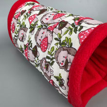 Load image into Gallery viewer, Cream Hedgehogs with Mushroom Hats mini set. Tunnel, snuggle sack and toys. Fleece bedding. Hedgehog fleece tunnel and pouch.