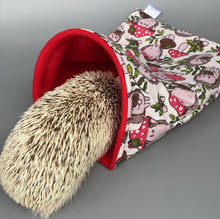 Load image into Gallery viewer, Cream Hedgehogs with Mushroom Hats mini set. Tunnel, snuggle sack and toys. Fleece bedding. Hedgehog fleece tunnel and pouch.