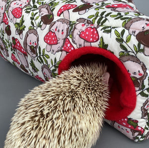 Cream Hedgehogs with Mushroom Hats corner house. Hedgehog and small pet house. Padded fleece lined house.
