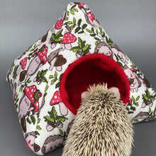 Load image into Gallery viewer, Cream Hedgehogs with Mushroom Hats tent house. Hedgehog and small animal house. Padded fleece lined house.