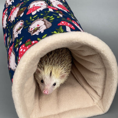 Hedgehogs with Mushroom Hats bunker. Hedgehog and guinea pig fleece lined bed.
