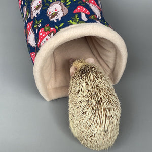 Hedgehogs with Mushroom Hats bunker. Hedgehog and guinea pig fleece lined bed.