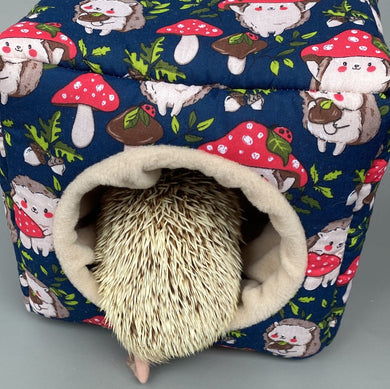 Hedgehogs with Mushroom Hats cosy cube house. Hedgehog and guinea pig cube house.