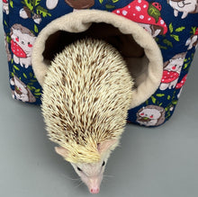 Load image into Gallery viewer, Hedgehogs with Mushroom Hats cosy cube house. Hedgehog and guinea pig cube house.