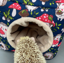 Load image into Gallery viewer, Hedgehogs with Mushroom Hats cosy cube house. Hedgehog and guinea pig cube house.