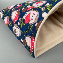 Load image into Gallery viewer, LARGE Hedgehogs with Mushroom Hats cosy snuggle cave. Padded stay open snuggle cave.