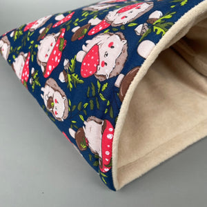 LARGE Hedgehogs with Mushroom Hats cosy snuggle cave. Padded stay open snuggle cave.