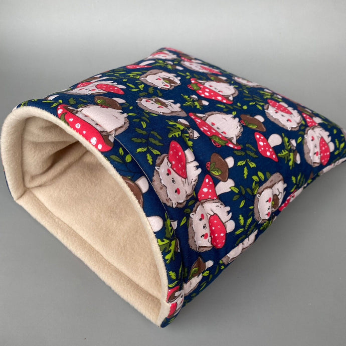LARGE Hedgehogs with Mushroom Hats cosy snuggle cave. Padded stay open snuggle cave.