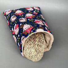 Load image into Gallery viewer, Hedgehogs with Mushroom Hats cosy snuggle cave. Padded stay open snuggle sack.