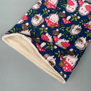 Hedgehogs with Mushroom Hats snuggle sack or snuggle pouch. Fleece lined sleeping bag.