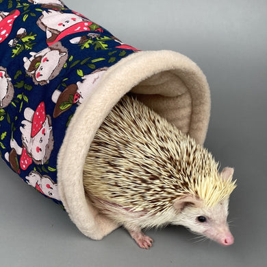 Hedgehogs with Mushroom Hats stay open tunnel. Padded fleece tunnel. Small pet tunnel.