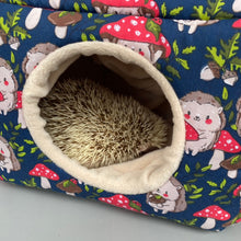 Load image into Gallery viewer, LARGE Hedgehogs with Mushroom Hats cosy bed. Cosy cube. Cuddle house.